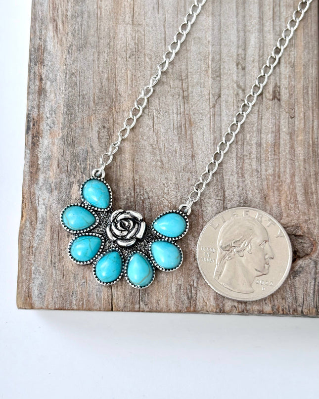 Western Turquoise Stone Squash Blossom Pendant Necklace