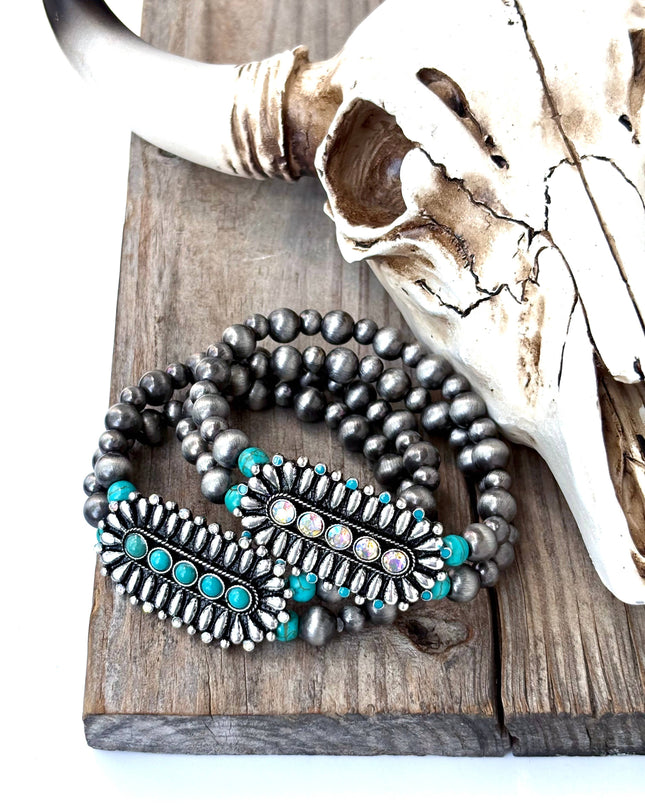 2 Layered Navajo Pearl w/ Stone Western Bar Stretch Bracelet