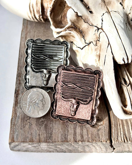 Western Style Steerhead Stitch Rectangular Pendant Cuff Ring