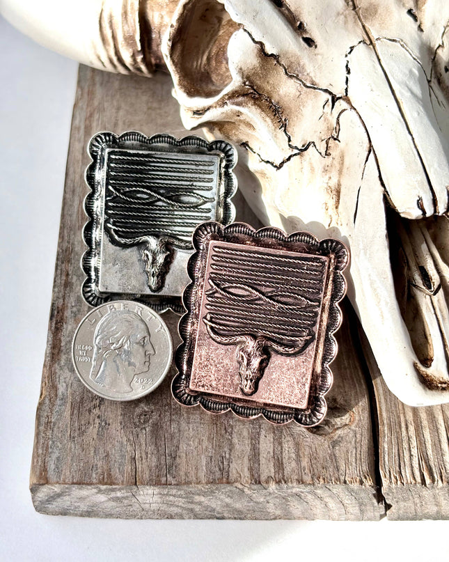 Western Style Steerhead Stitch Rectangular Pendant Cuff Ring