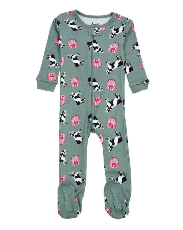 Kids Footed Cotton Pajama Cow Green