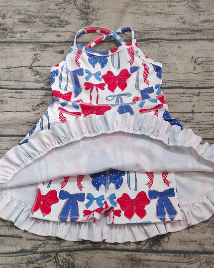 Baby Girls Strap Blue Red Bows 4th Of July Yoga Active Knee Length Dresses