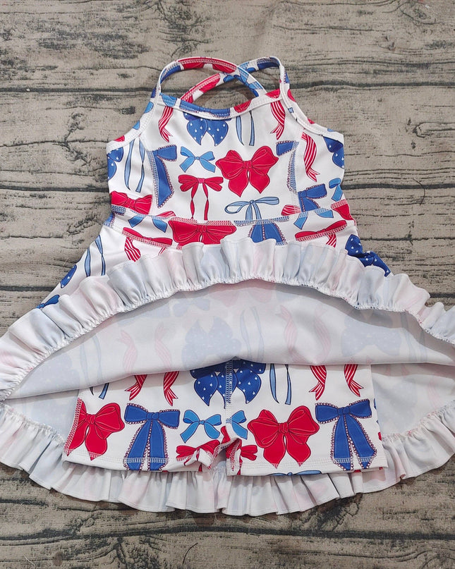 Baby Girls Strap Blue Red Bows 4th Of July Yoga Active Knee Length Dresses