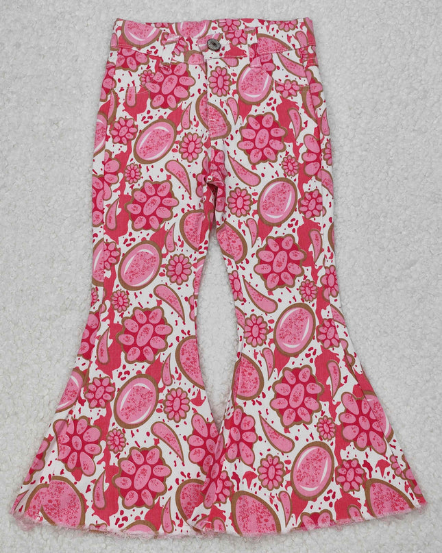 pink bow Baby Girls Western Bell Bottom Denim Jeans Pants
