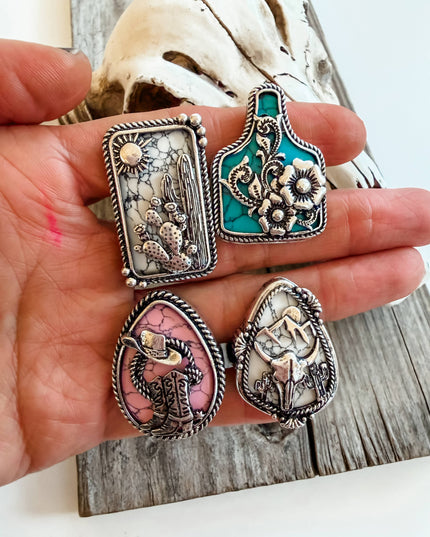 Western Style Stone Pendant Cutout Stretch Ring