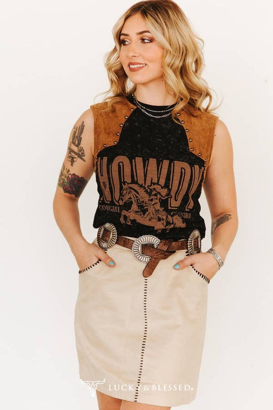  Black Mineral Wash Suede Vintage Studded Sleeveless Shirt