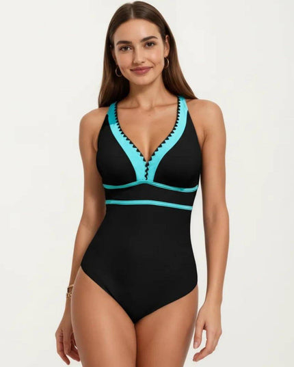 One Piece Swimsuit with Deep V Neck Contrast Trim and Sculpted Waist Design
