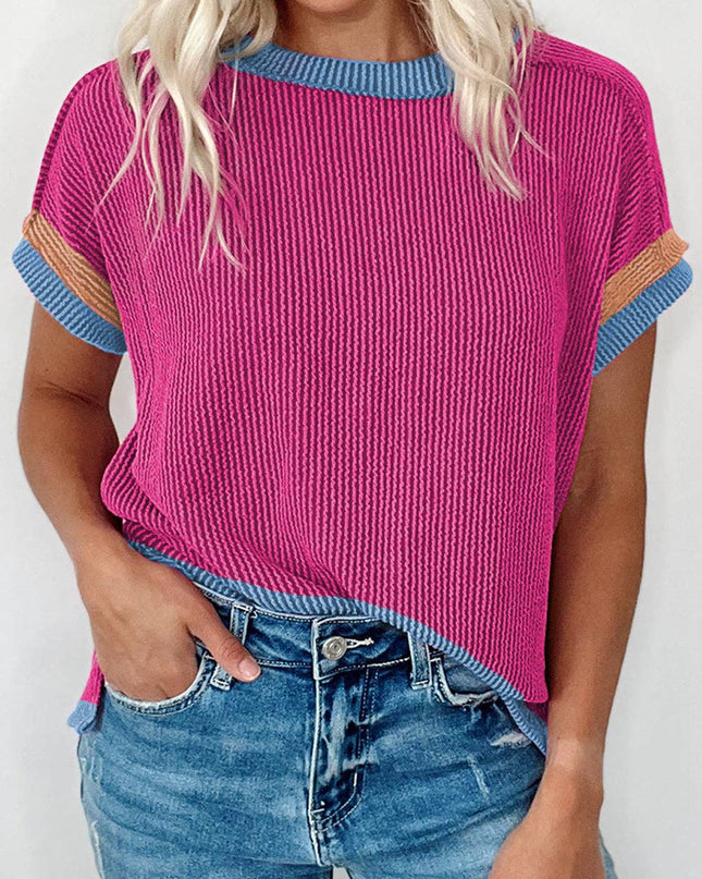 Textured Contrast Trim Round Neck T Shirt