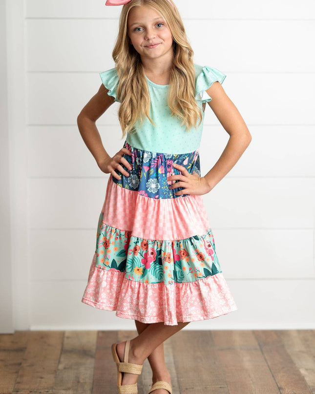 Girls Ava Mint Pink Spring Summer Easter Floral Tiered Dress