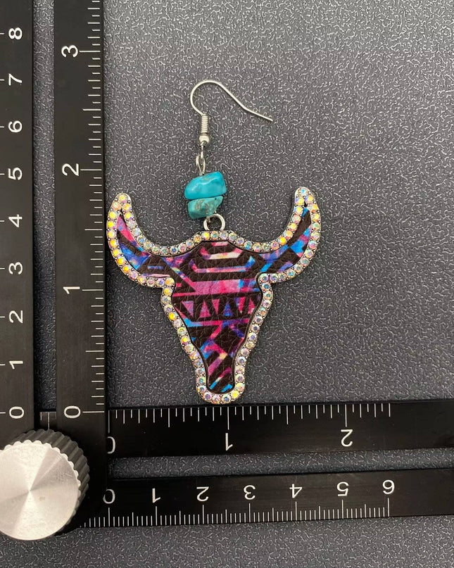 Western Style PU Leather Rhinestone Ox Head Earrings - WJ