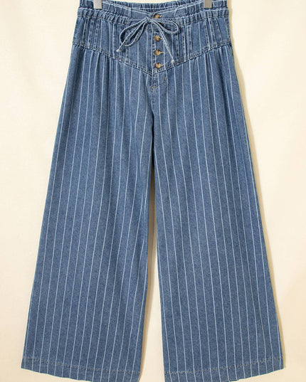 Stripe Button Pleated Drawstring Waist Casual Wide Leg Jeans