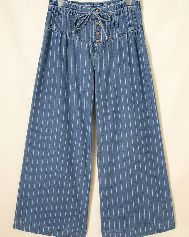 Stripe Button Pleated Drawstring Waist Casual Wide Leg Jeans