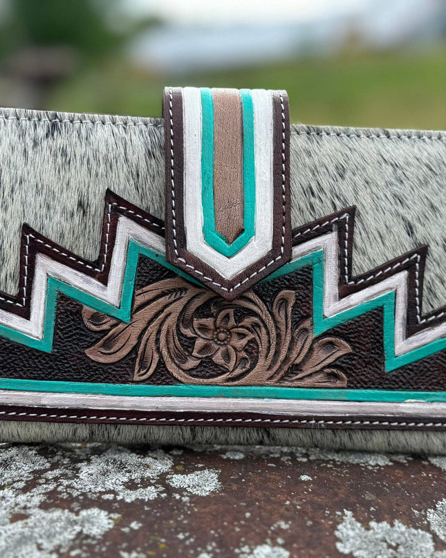 Genuine Western Cowhide Leather Purse and Wallet with jagged painted details and black fringe.