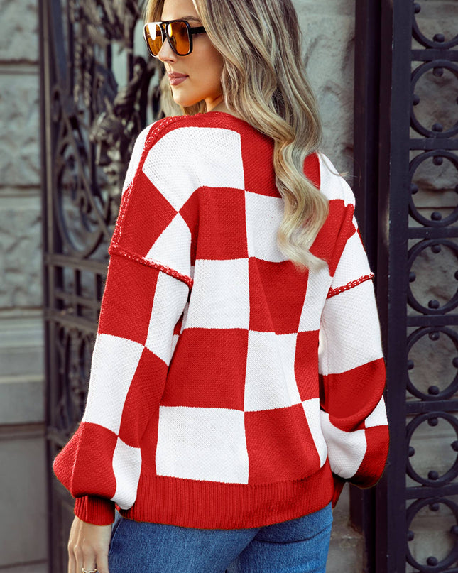 Checkered Oversized Crew Neck Knit Sweater | 10 Colors