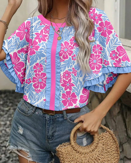 Sky Blue Floral Ruffle Sleeve Boho Blouse