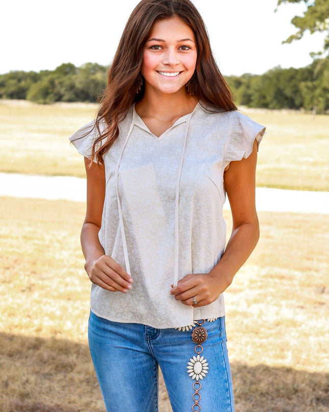 Total Cutie Beige Ruffle Top with Lace