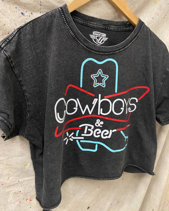 Cowboys & Beer Neon Boot Relaxed Cropped Acid wash T-shirt