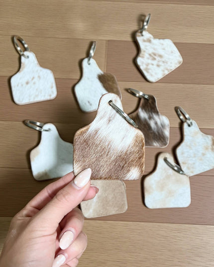 Tan or black all cowhide ear tag Keychain