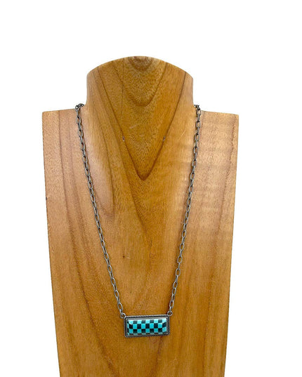 NKZ240537-01                  18 Inches silver metal chain with checker print bar Necklace