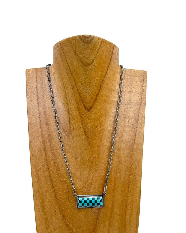 NKZ240537-01                  18 Inches silver metal chain with checker print bar Necklace