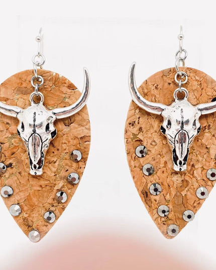 Western Style Metal Bull Head Pendant Leather Earrings