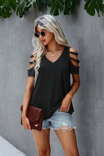 Short Sleeve Cutout Cold Shoulder Top