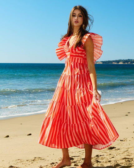 ID4508 Striped Ruffle-Sleeve Tiered Cotton Midi Dress