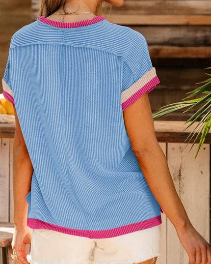 Textured Contrast Trim Round Neck T Shirt