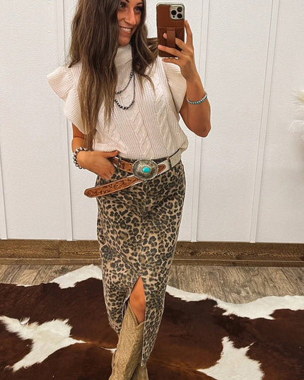 Western Cable Knit Turtleneck Ruffle Sleeve Sweater Top