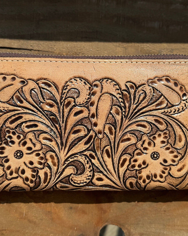 Western Checkbook wallet zipper closure tooled floral leather details by Double B Wild Rags