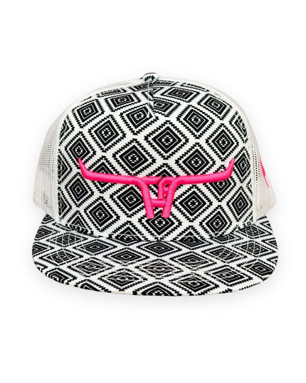 "CA Longhorn" Pink Puff - CA Black Aztec/White Mesh, Snapback Cap (2024)