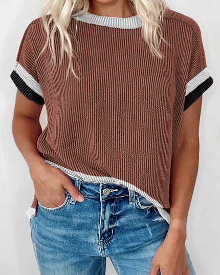 Textured Contrast Trim Round Neck T Shirt