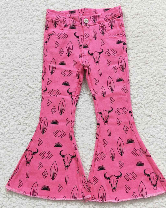 pink bow Baby Girls Western Bell Bottom Denim Jeans Pants