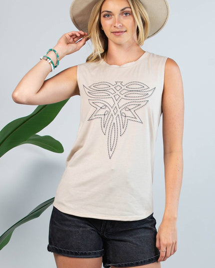 AV079-ALEX BOOT STITCH GRAPHIC SLEEVELESS TOP