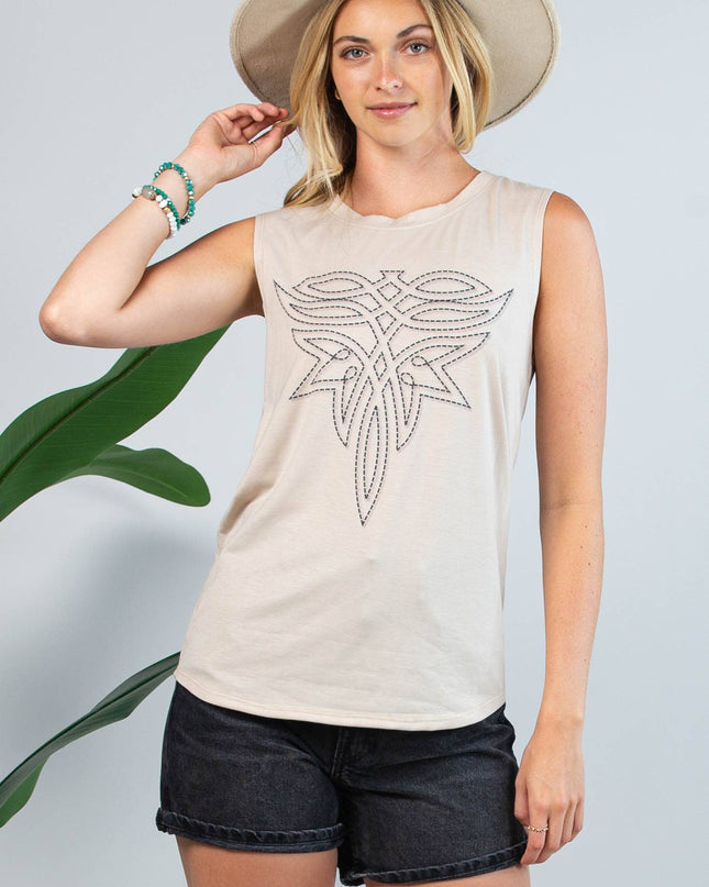 AV079-ALEX BOOT STITCH GRAPHIC SLEEVELESS TOP
