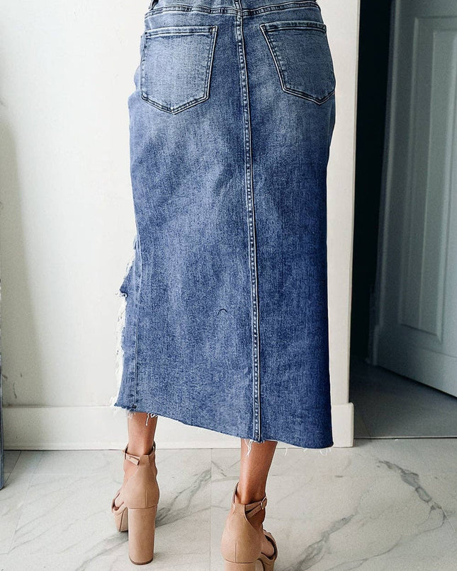 LALALOO Denim Distressed Midi Skirt