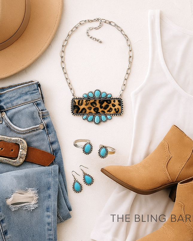 Sunset Standoff Necklace – Turquoise & Leopard Western Statement Piece