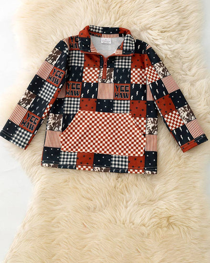 Yeehaw brown & black multi-printed patch pullover. TPB60313 JEAN