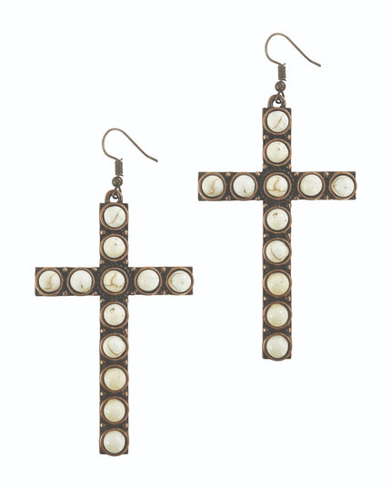Stone Cross Earrings, Cream