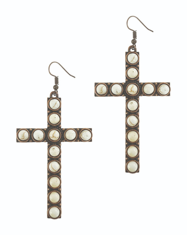 Stone Cross Earrings, Cream