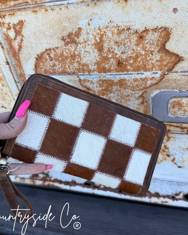 Checkered Cowhide Womens Wallet Wristlet Trendy