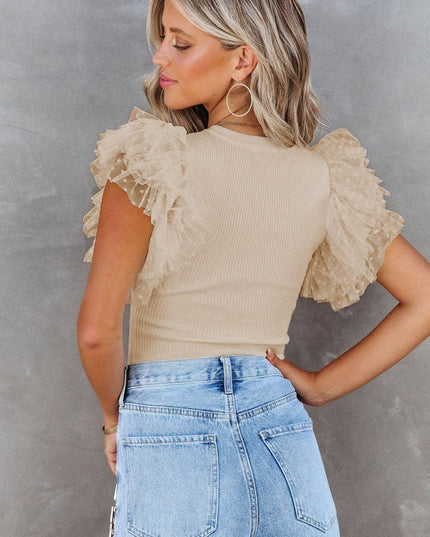 White Polka Dot Mesh Ruffle Sleeve Ribbed Knit Top