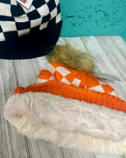 Checkered Fur Pom Beanies
