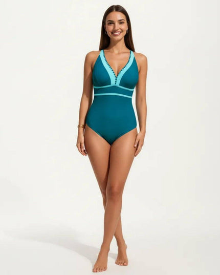 One Piece Swimsuit with Deep V Neck Contrast Trim and Sculpted Waist Design