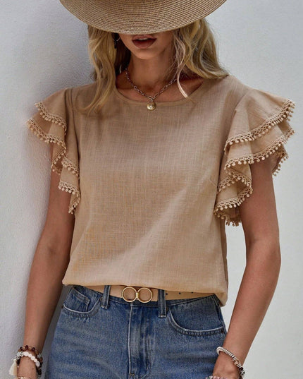 Casual Crew Neck Ruffle Batwing Short Sleeve Top
