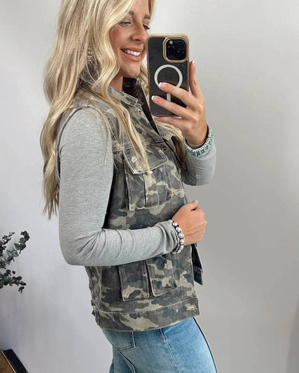 Camo Utility Cargo Denim Vest with Button Front Pockets
