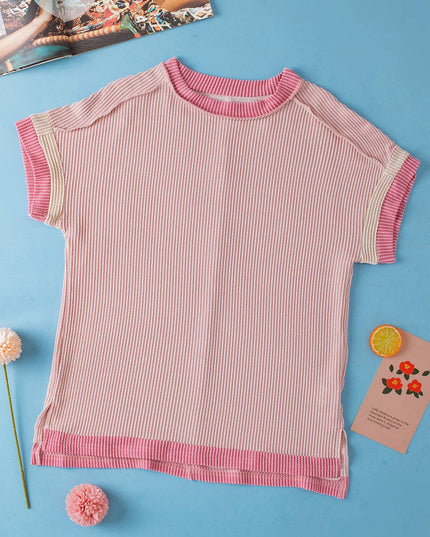 Textured Contrast Trim Round Neck T Shirt