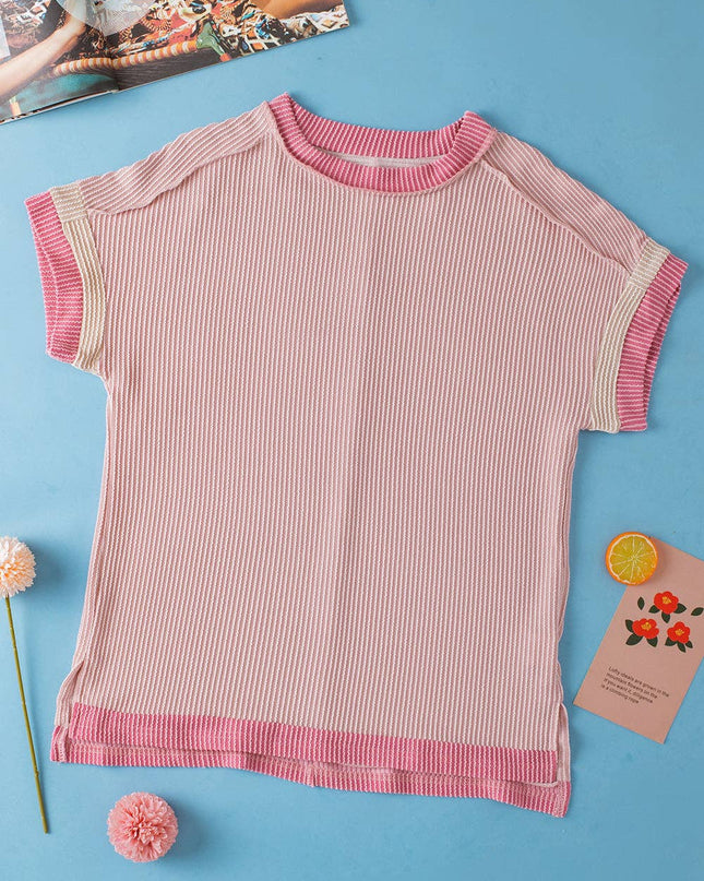 Textured Contrast Trim Round Neck T Shirt