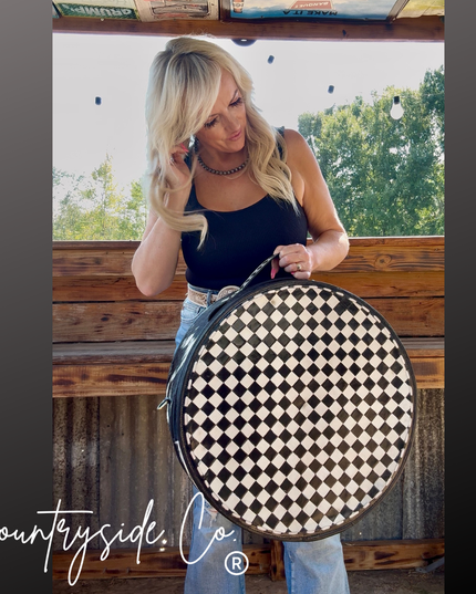 Checkered Tooled Leather Hat Box