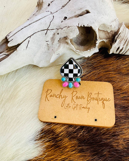 Western Checker Spade Stretch Ring
